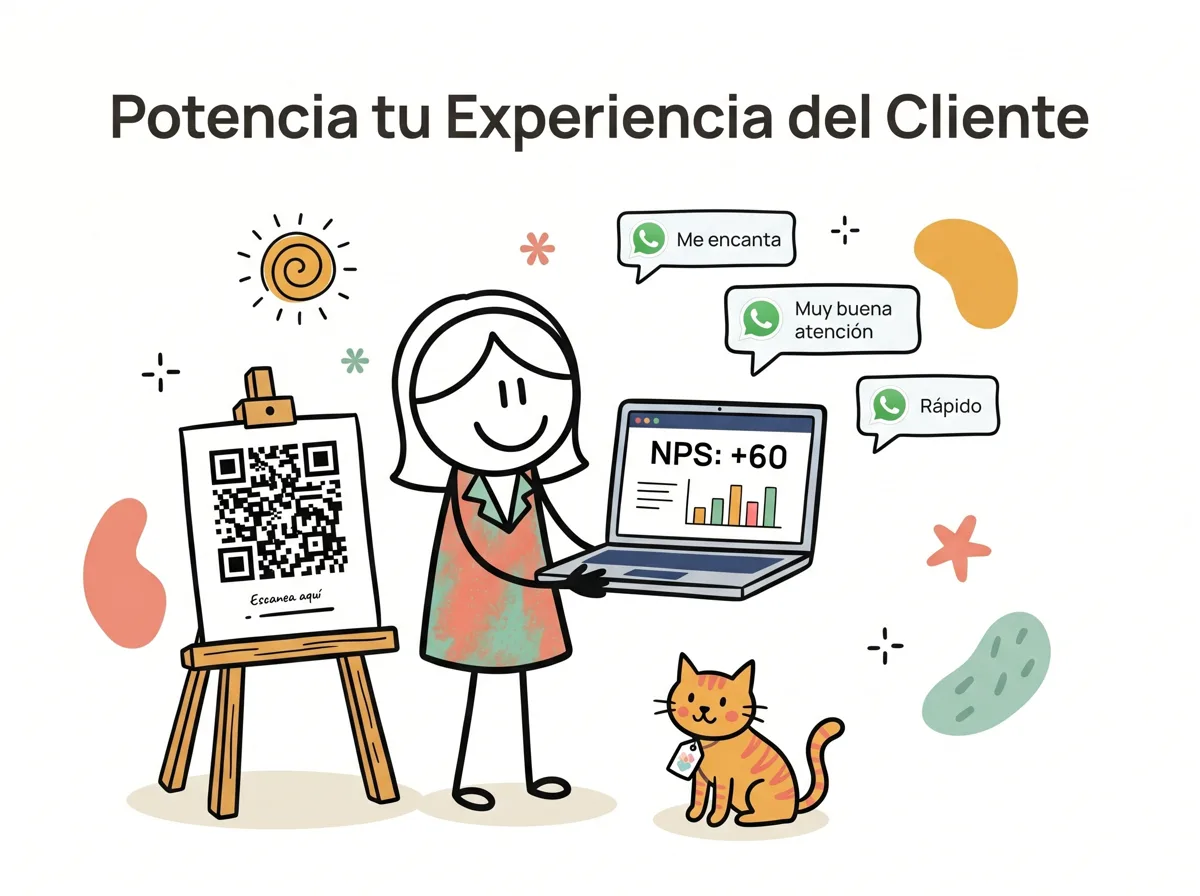 Gerente de CX viendo un dashboard NPS junto a un QR físico y mensajes de clientes
